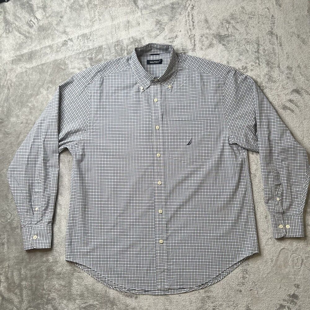 Nautica Shirt Men’s Medium Blue Tattersall Button Down Long Sleeve Preppy Office